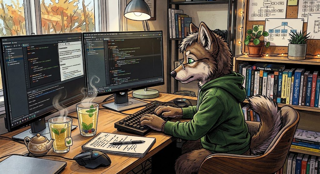 Illustration: ein Wolf im grünen Hoodie sitzt am Schreibtisch vor zwei Monitoren mit Code, daneben Tee, Notizbuch und ein Regal voller Fachbücher.