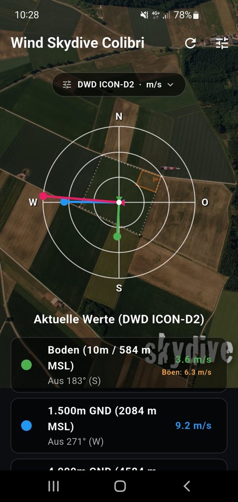 Bildschirmfoto der App: eine Windrose über einem Luftbild des Sprungplatzes, darunter die aktuellen Windwerte für Boden und 1.500 m.